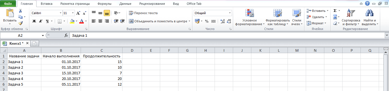 Excel task table